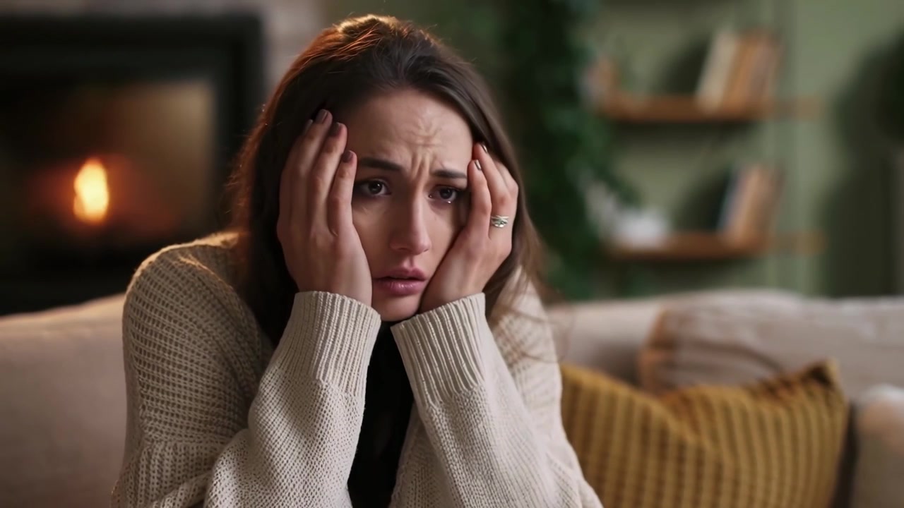 Sad Young Woman Crying on Sofa in Living Room