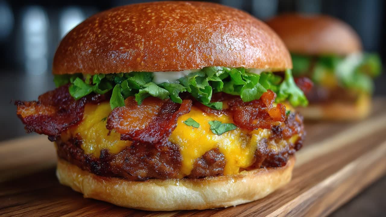 Un delizioso hamburger con strati di bacon e formaggio, guarnito con lattuga fresca, su uno sfondo rustico in legno per il piacere degli amanti del cibo