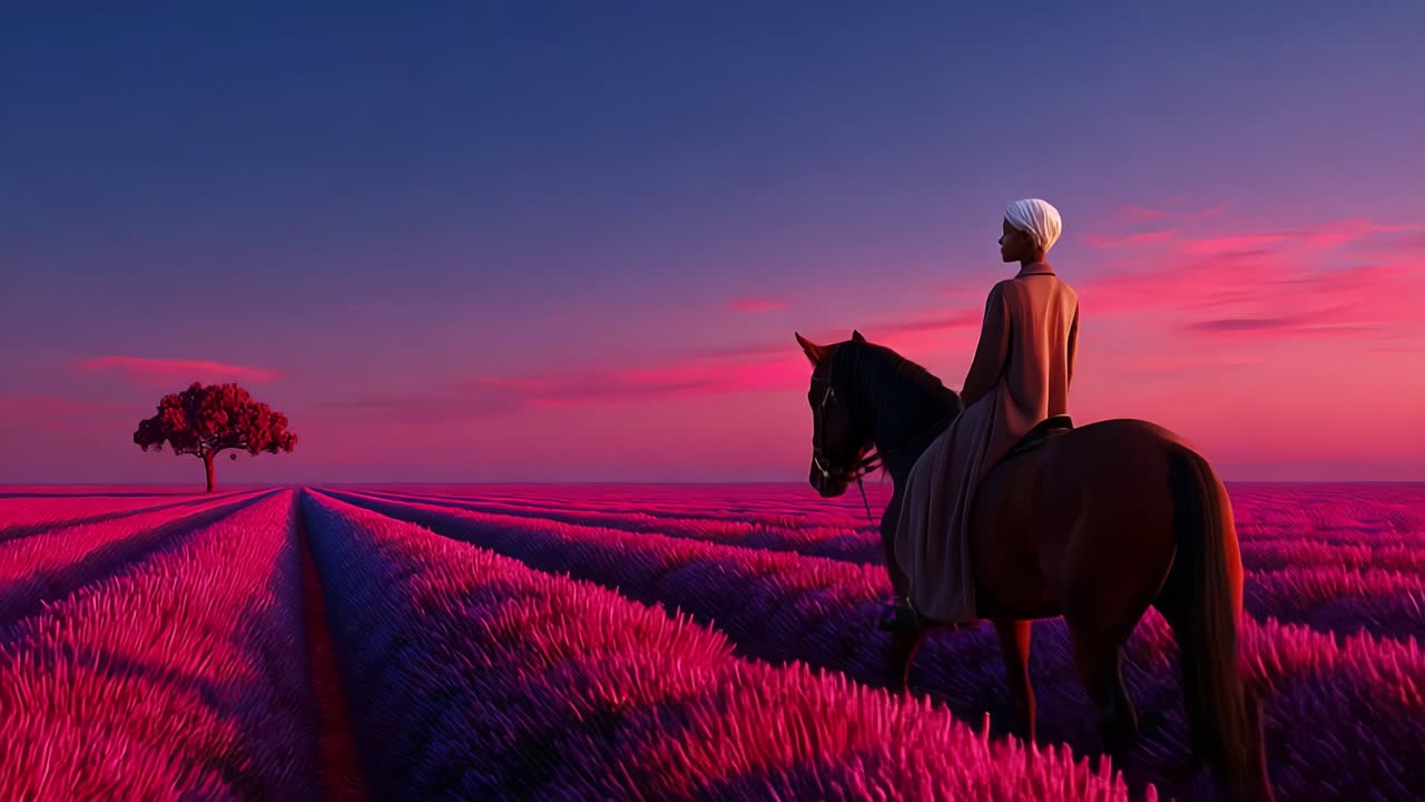 A captivating scene unfolds as a rider on horseback gazes over a vast, vibrant lavender field under a twilight sky adorned with hues of pink and purple, embodying tranquil beauty and serenity