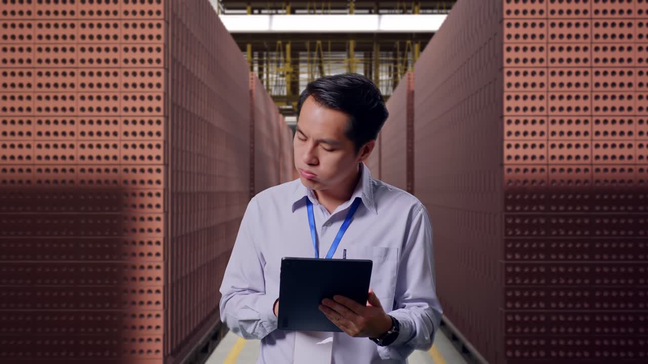 Worker Inspecting Brick Storage in Factory