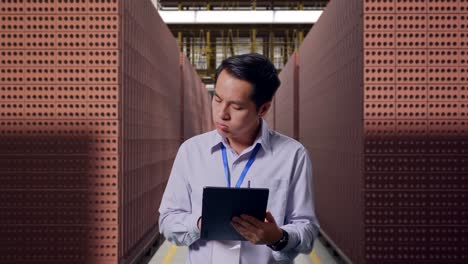 worker inspecting brick storage in factory