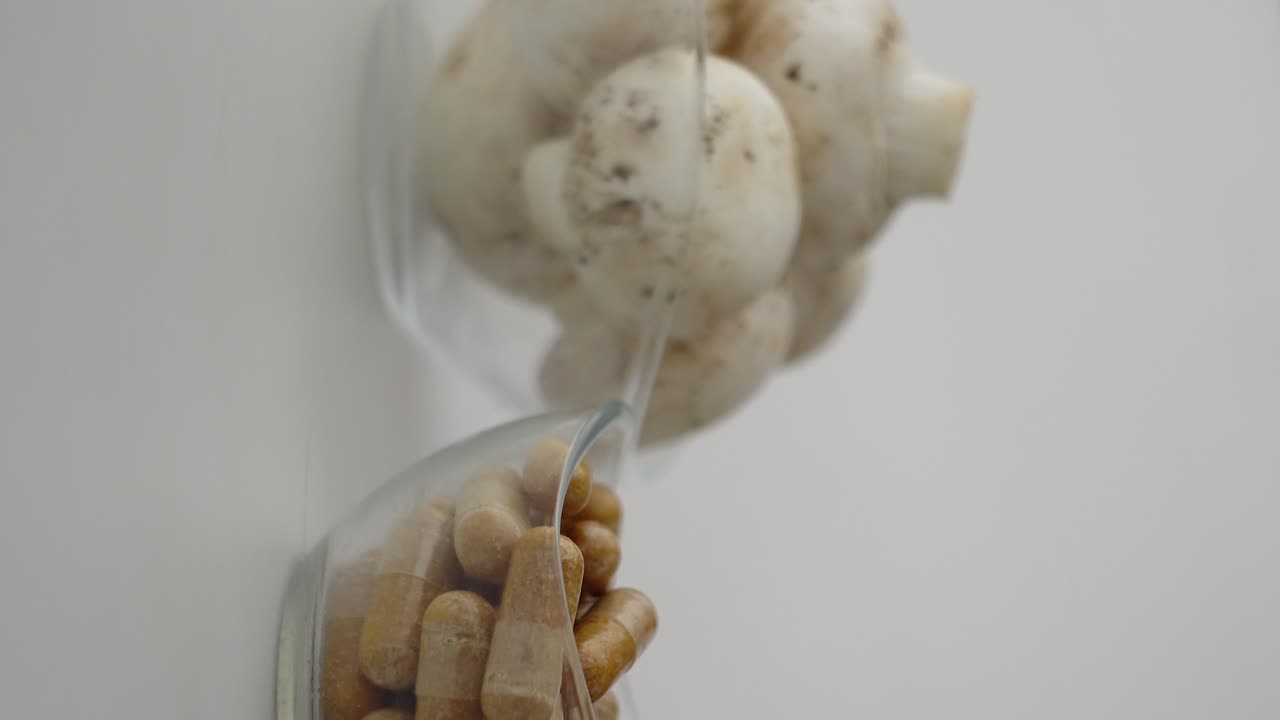 Capsules and Mushrooms in Glass Hourglass