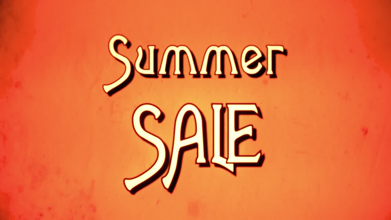 un mensaje de texto, fuente retro de lujo, estilo de película dañado de los años 70, que aparece con una animación de ampliación de letras: venta de verano