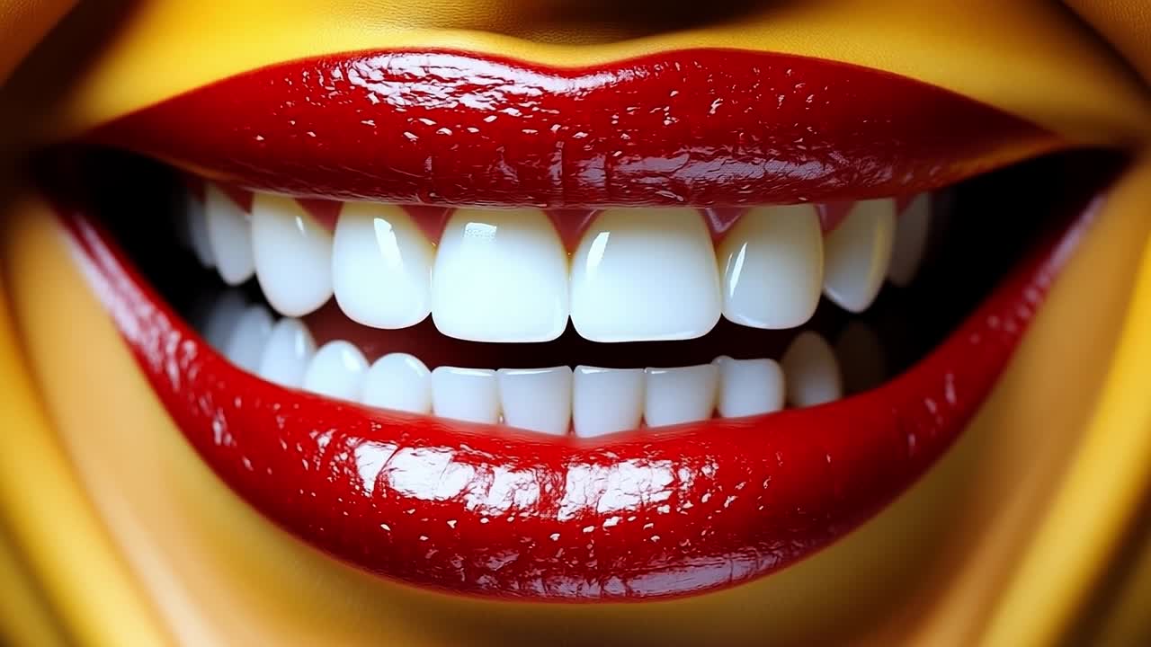 Bright smile with glossy red lips. A close-up view of a radiant smile featuring bright white teeth and glossy red lips, showcasing confidence and joy.