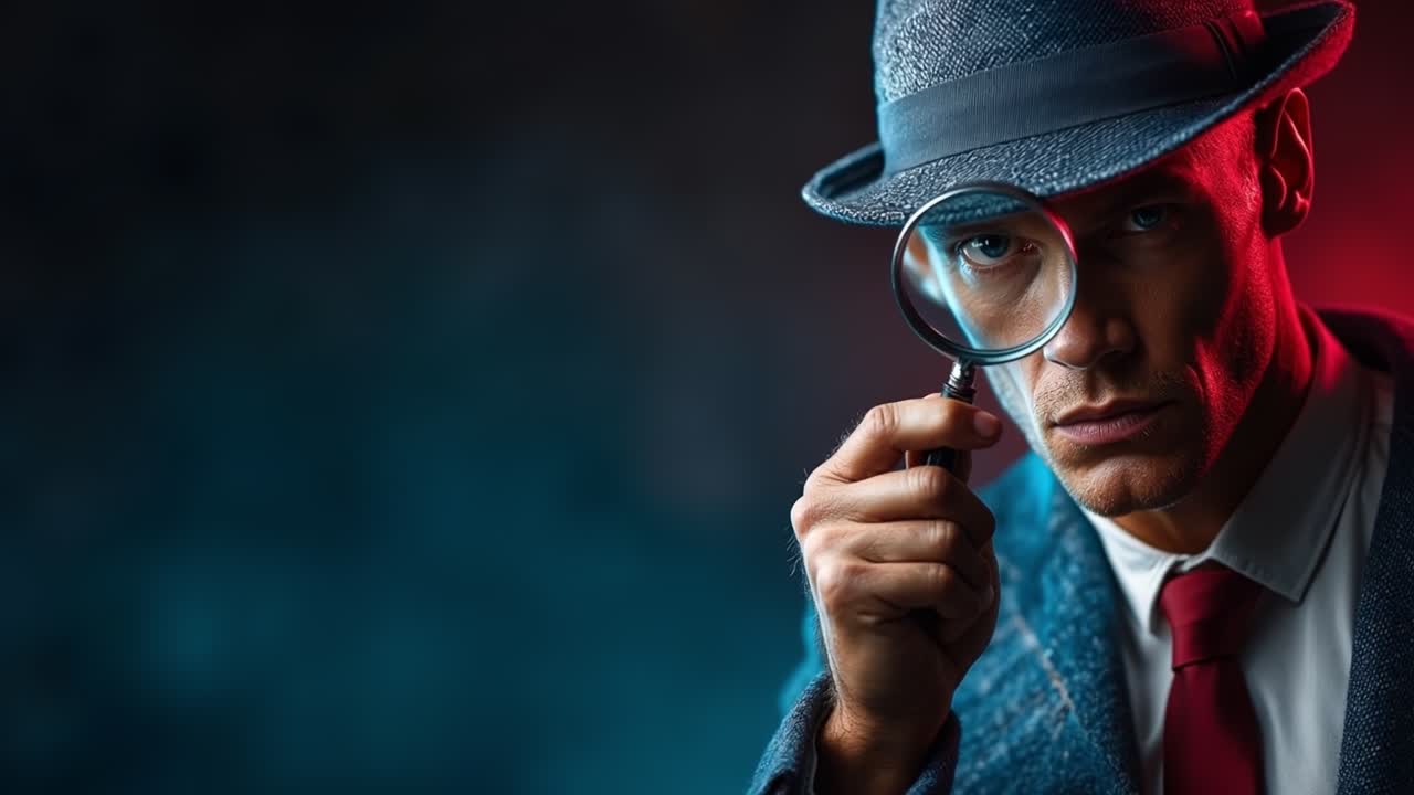 Mysterious detective in hat and suit looking through magnifying glass in dark cinematic lighting
