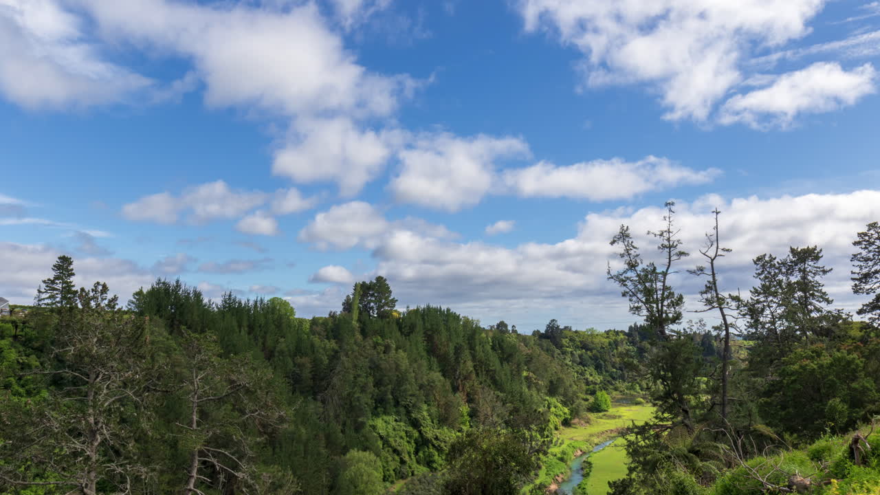 a fast moving cloudy time lapse in a gorgeous sunny day at grand father kiwi farm down the river