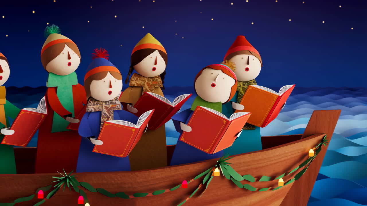 Whimsical Papercraft Carolers Singing on a Festive Night Boat