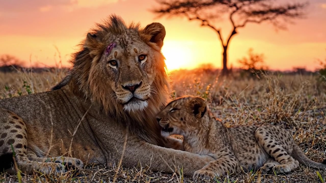 Majestuoso león y adorable cachorro disfrutando de un sereno atardecer en la sabana africana, capturando la belleza de la vida silvestre y sus momentos de unión.
