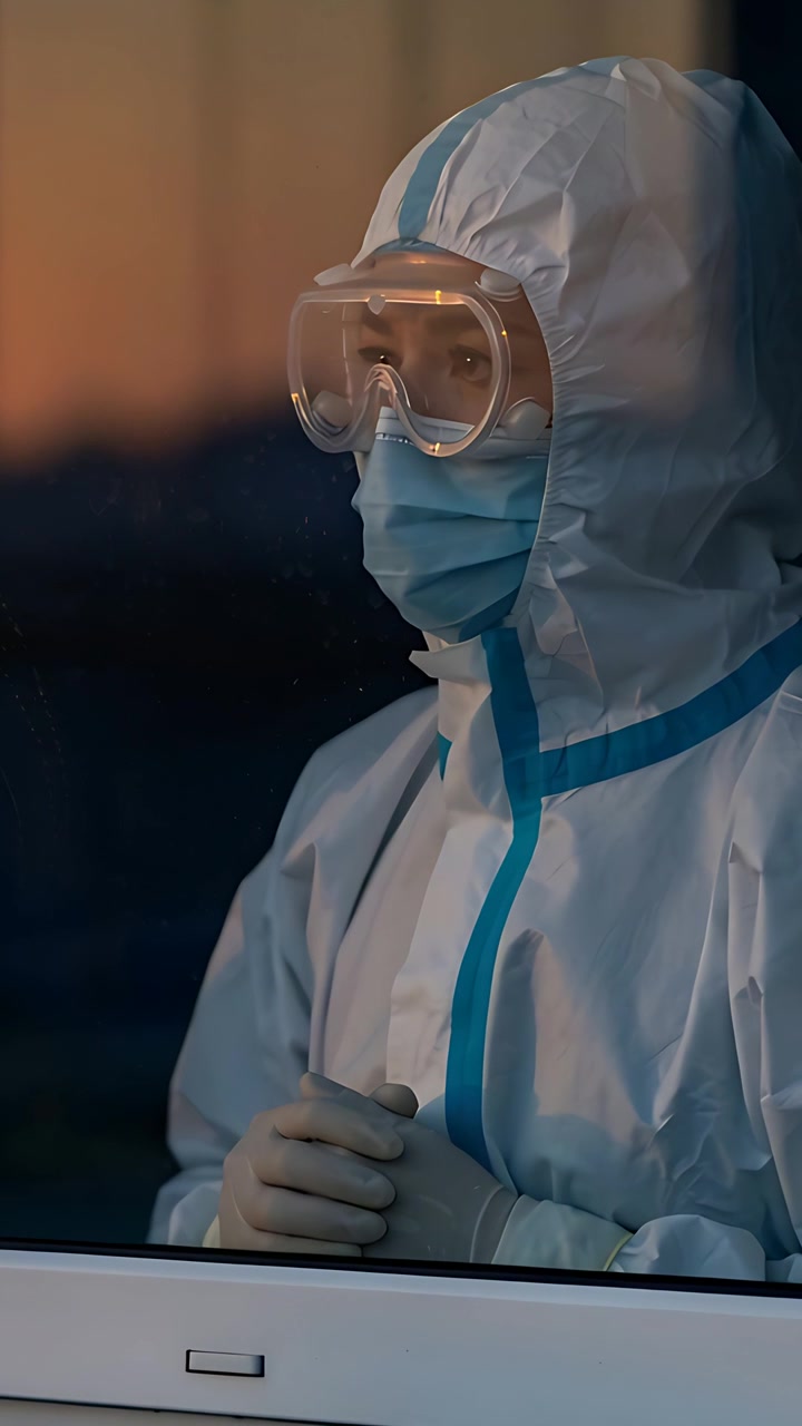 Video verticale: Operaio in piedi che si china alla finestra, con il bagliore del tramonto che si riflette sugli occhiali protettivi, in tuta da lavoro.