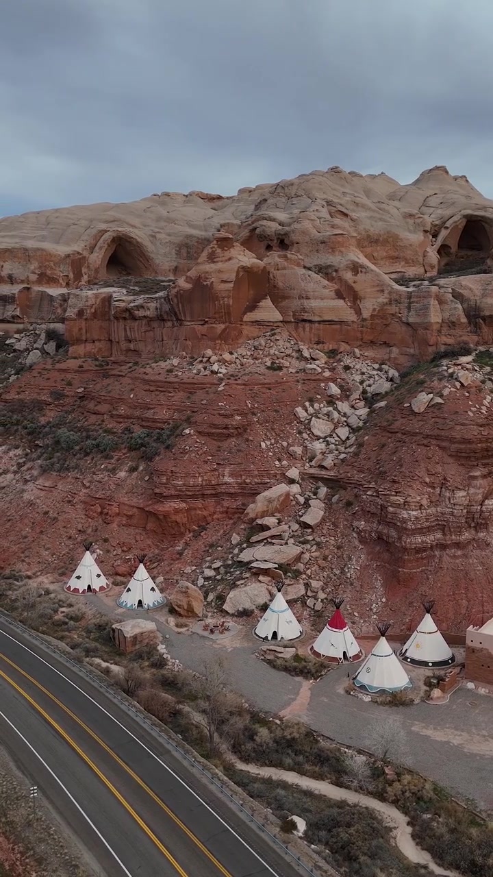 Vertical Drone Shot of Tipi Accommodations Near State Road and Bluff Utah USA