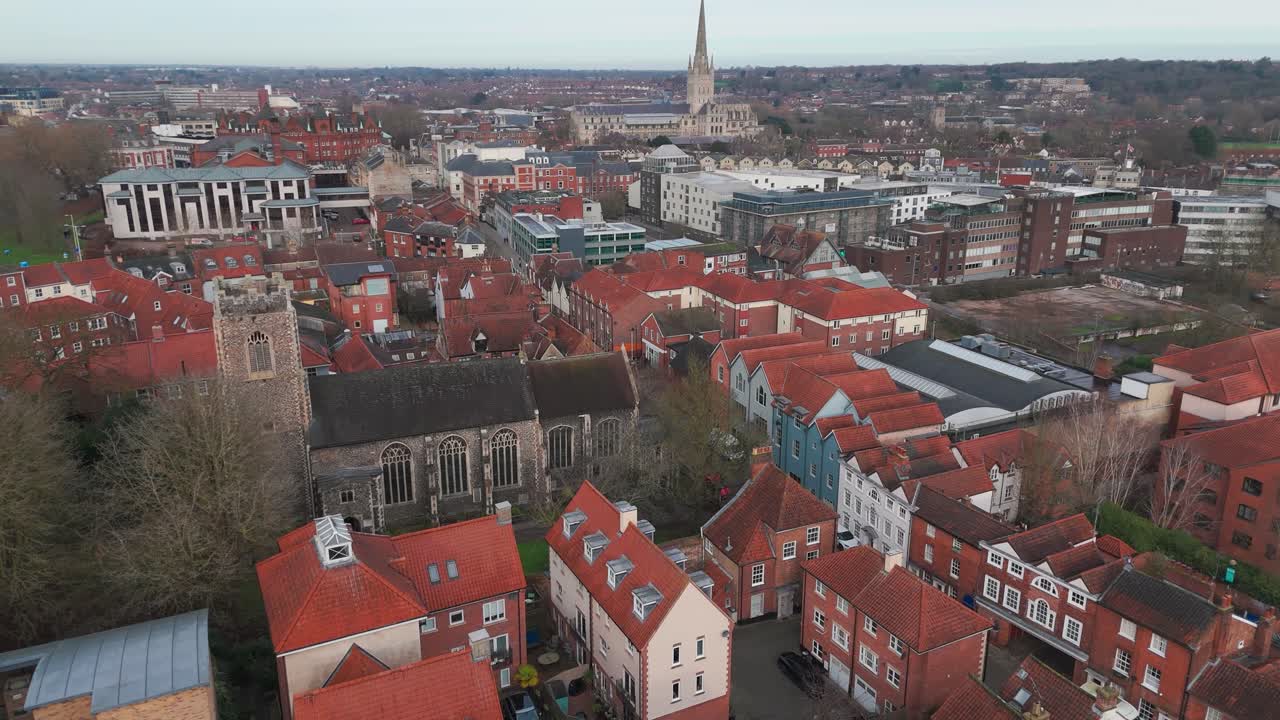 Norwich, norfolk, with historic churches, red rooftops, and a calm mood, aerial view