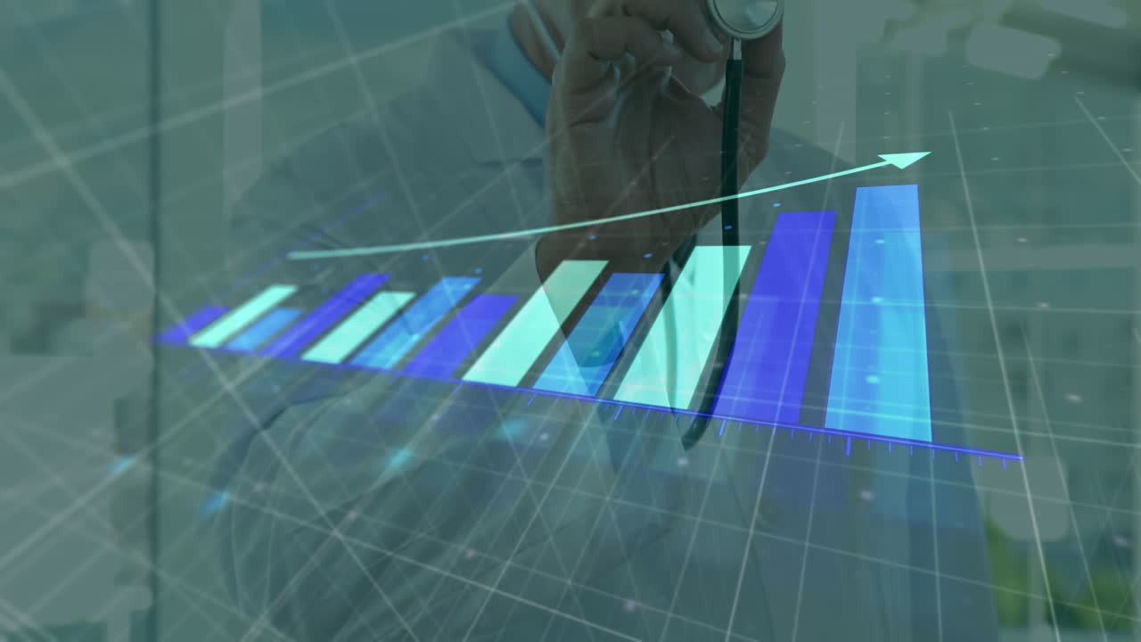 animación de flecha en gráfico de barra creciente sobre médico caucásico usando estetoscopio en la cámara