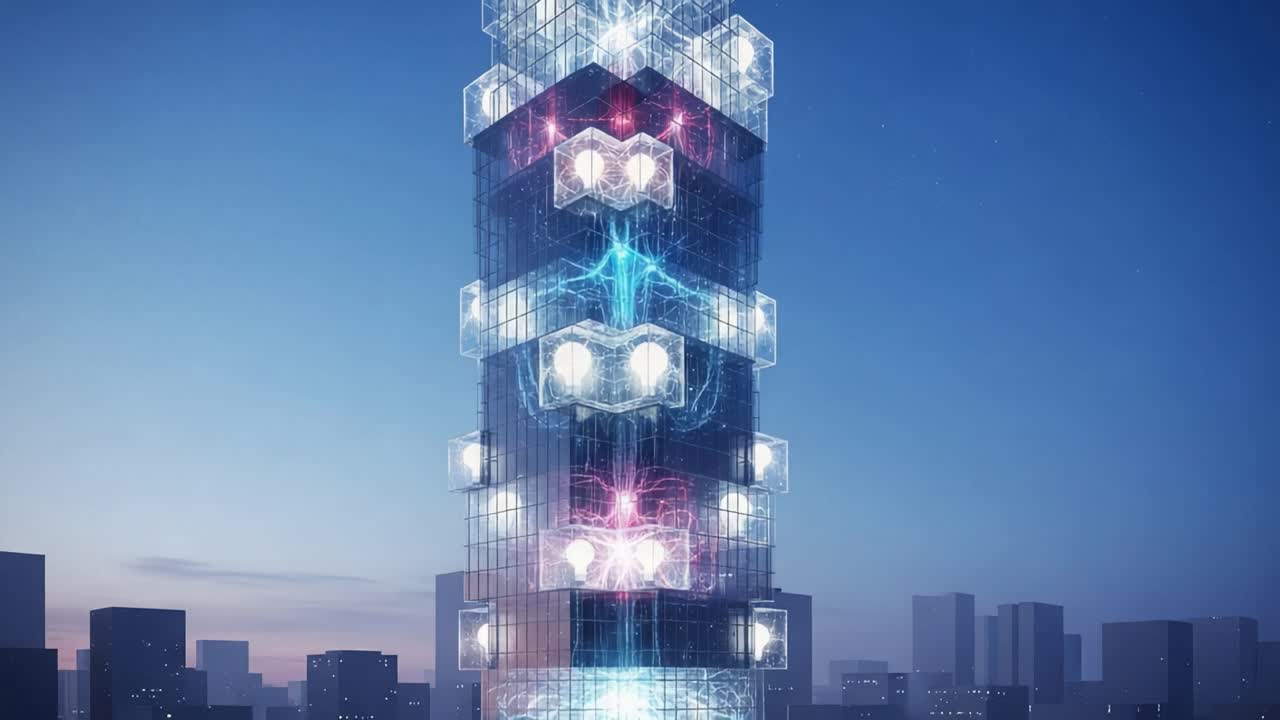 A Stunning Visual Transformation of a Futuristic Tower: From Dawn to Dusk Illuminated by Vibrant Colors and Electrifying Patterns, Showcasing Modern Architectural Brilliance