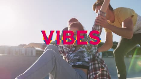 animation of good vibes text over smiling caucasian friends skateboarding