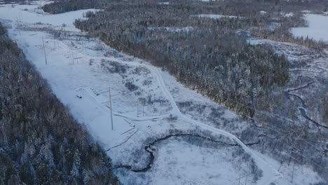 Ländlicher-Winterwald-Mit-Hochspannungsleitungen,-Antenne