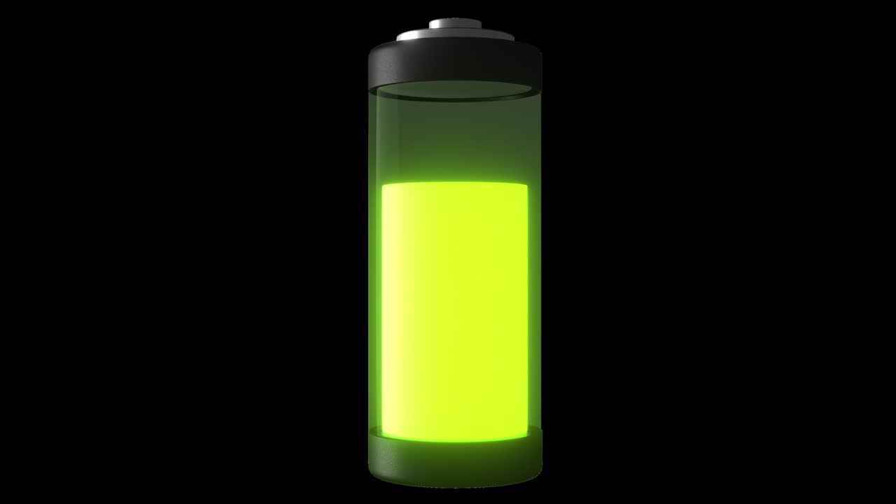 Batteria 3D in carica con sfondo trasparente, loop animato 4K.