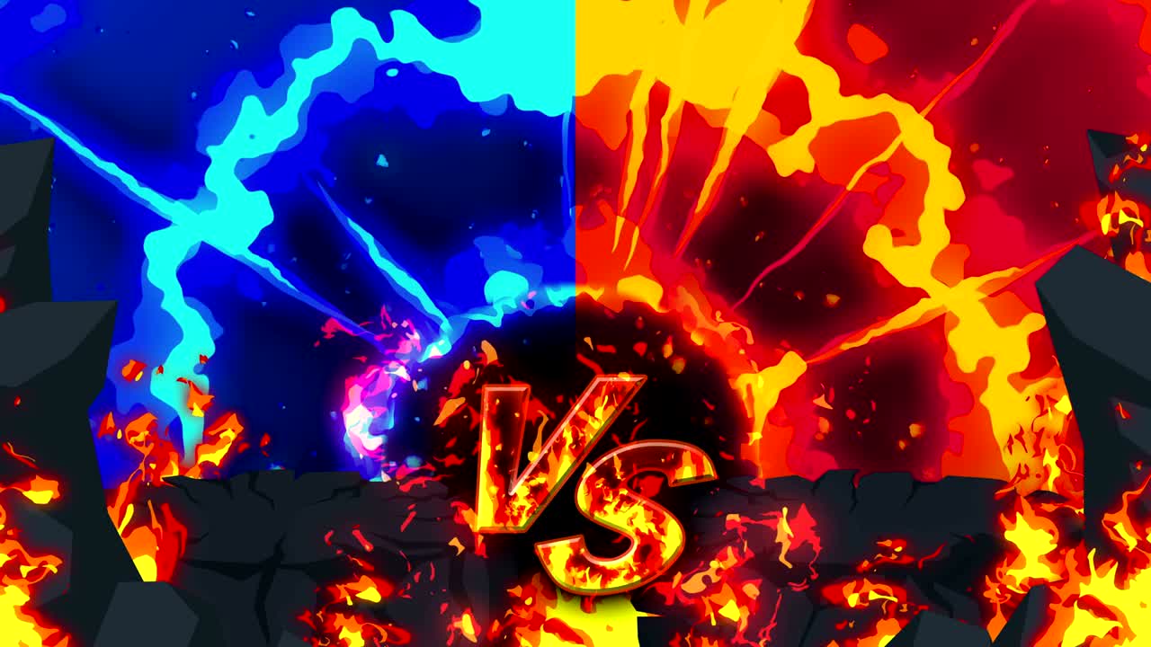 만화 화재 애니메이션. 불꽃 루프 배경. 경쟁. 전투 게임. 아이콘에 대항. 아이콘과 대결.