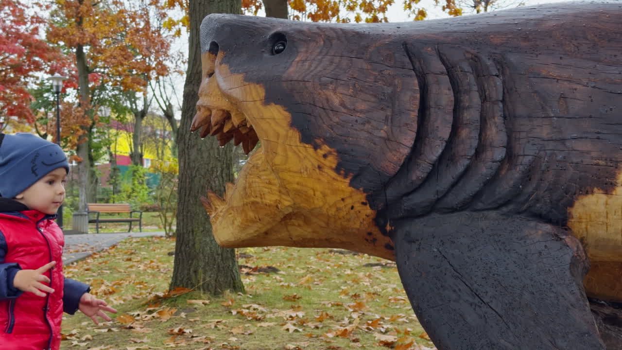 Cute boy plays outdoors in the park. Caucasian toddler puts stones into the jaws of wooden shark. Autumn nature at backdrop.