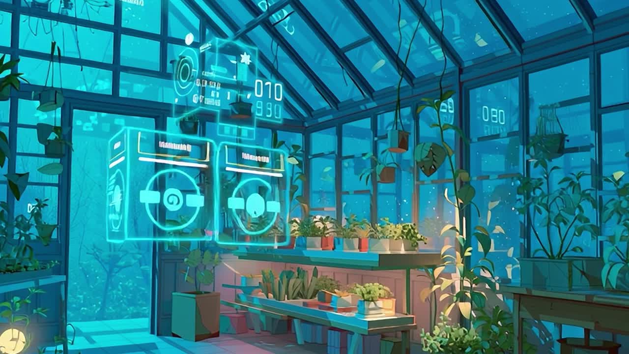 Futuristic greenhouse with vibrant plants in a high-tech environment