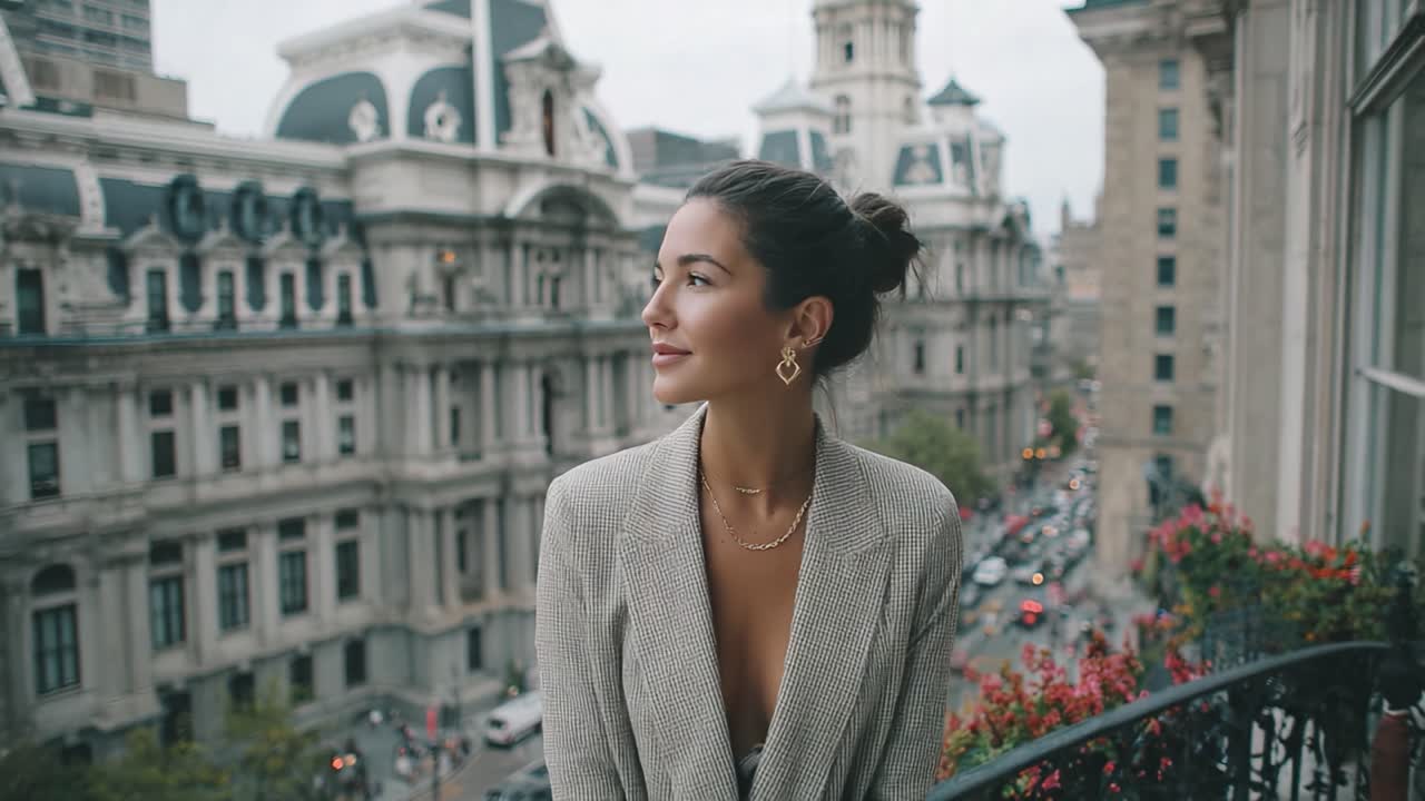 A Stylish Woman Admiring the Cityscape from a Balcony, Dressed in Elegant Attire Against a Historic Urban Backdrop, Exuding Confidence and Sophistication