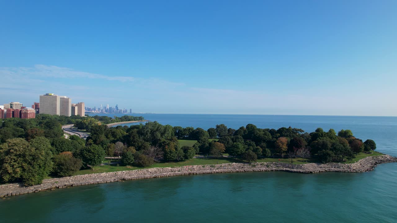 exuberante árbol verde en el parque junto al paseo marítimo con el dron del horizonte de chicago