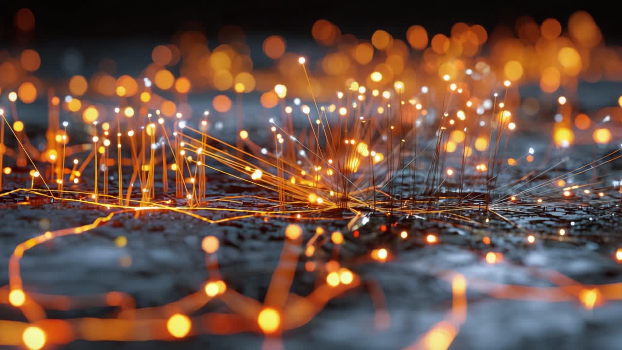 Abstract orange and white glowing nodes of a neural network transmitting data through a complex system of fiber optic cables on a dark background, representing digital technology and communication