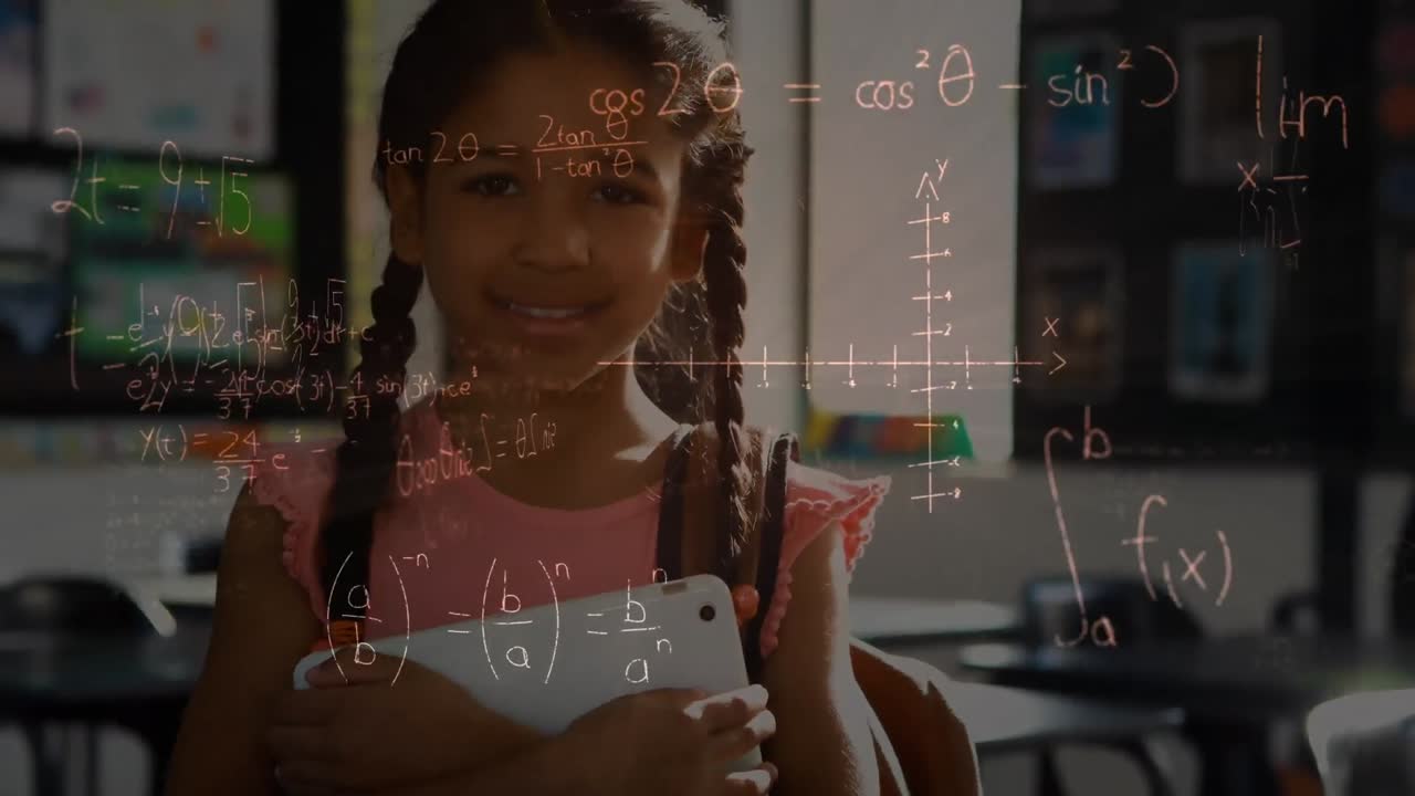 Animation of mathematical equations over schoolgirl using tablet