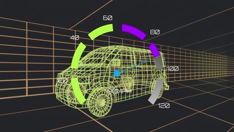 animación de la interfaz del velocímetro sobre un modelo de furgoneta 3d que se mueve en un patrón sin costuras en un túnel
