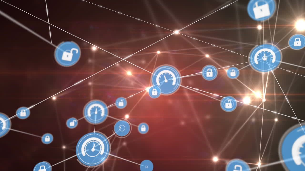 Animation of networks of connections with icons over black background