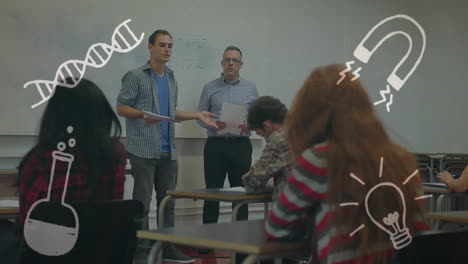 students presenting in classroom with science-themed animation over whiteboard and desks