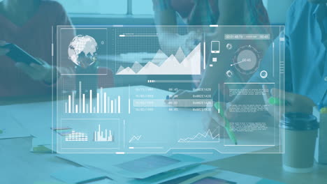 analyzing data with futuristic animation, business team reviewing charts in office