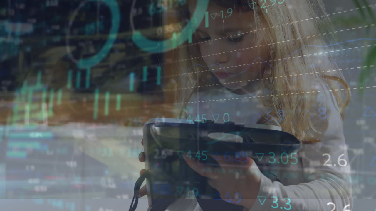 animación de múltiples gráficos y tablero de negociación, chica caucásica sosteniendo y mirando auriculares vr