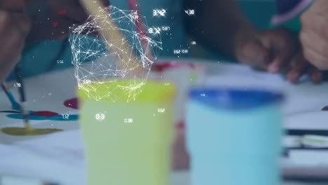 Animation of globe of connections over diverse schoolchildren painting in classroom
