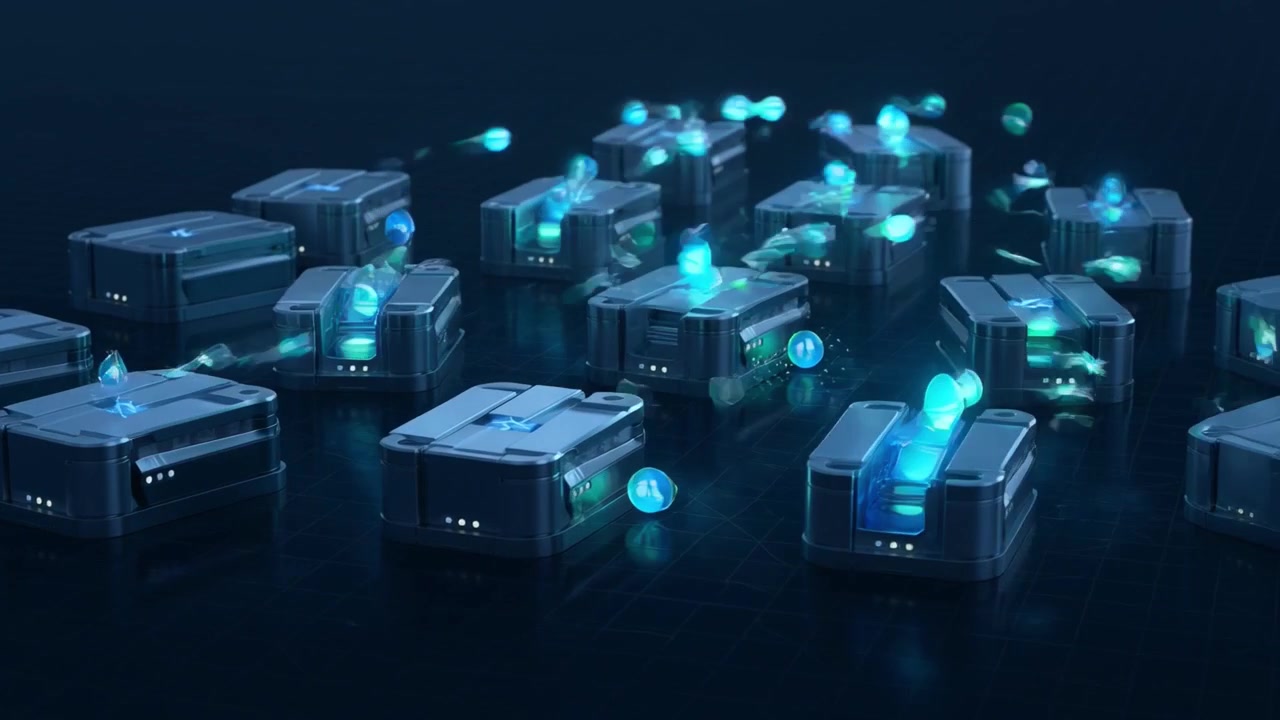 Futuristic Boxes Opening to Release Glowing Digital Energy Particles