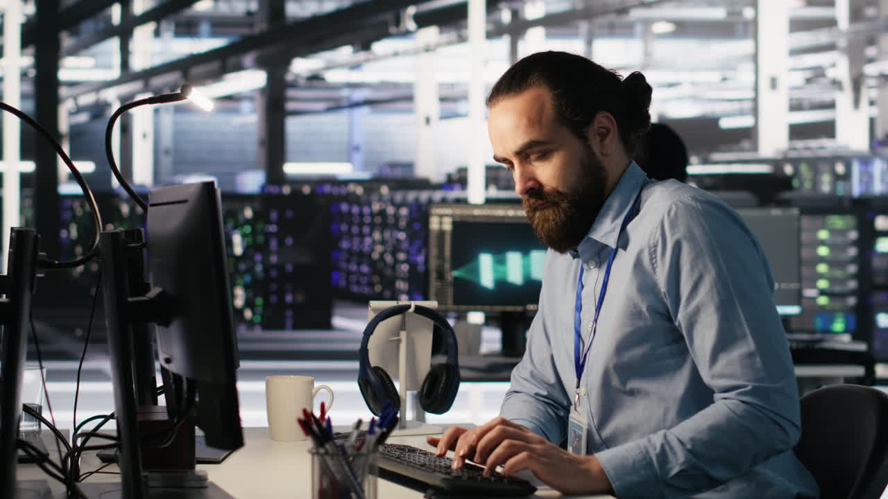 Vertical video Panicked engineers in data center reacting to ransomware warning on PC