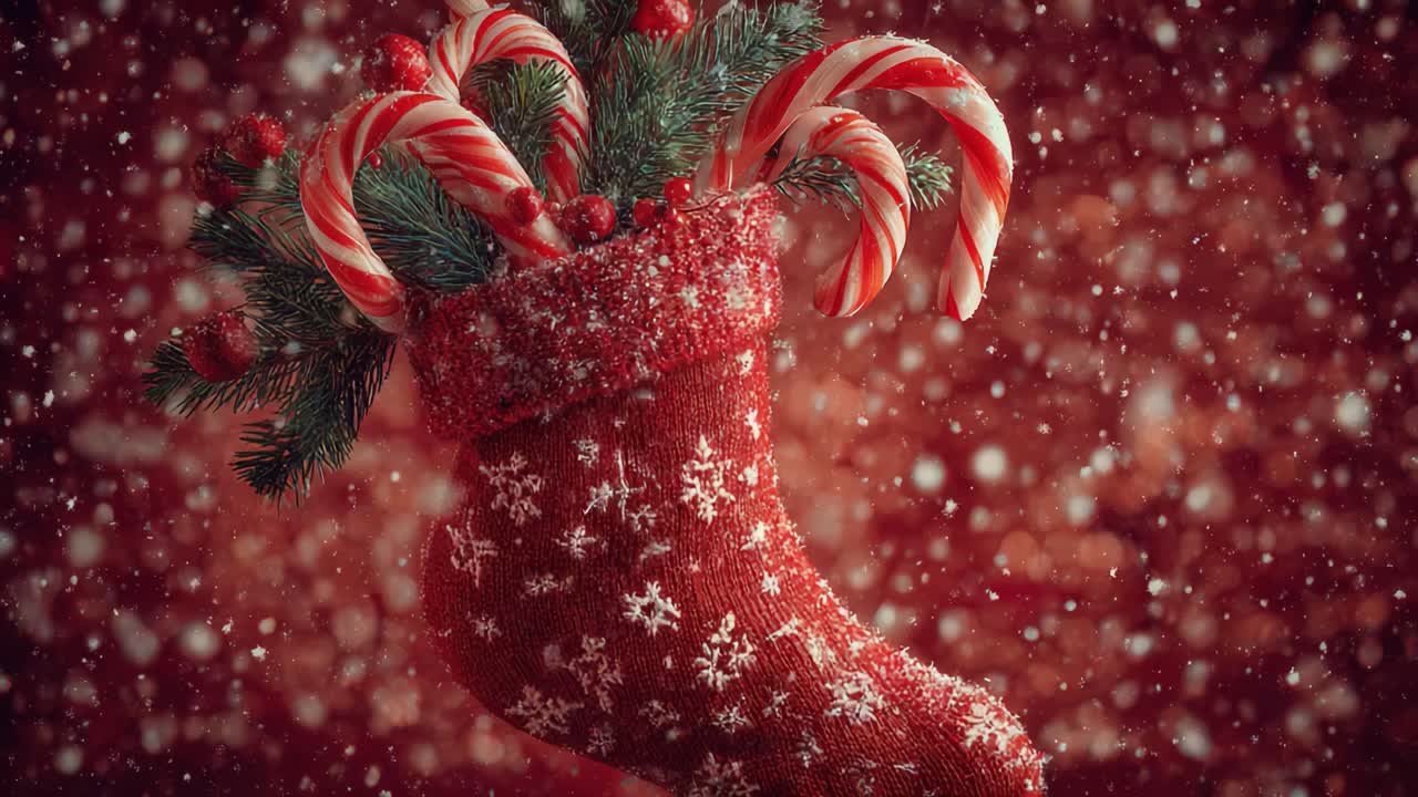 A Festive Christmas Stocking Filled with Candy Canes and Pine Branches Surrounded by a Gentle Snowfall, Capturing the Spirit of the Holiday Season in a Magical Scene