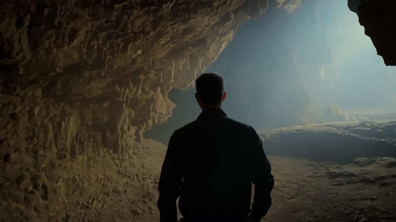 geólogo entrando en una gran abertura de cueva por primera vez, rodeado de formaciones rocosas oscuras y un sentido de aventura