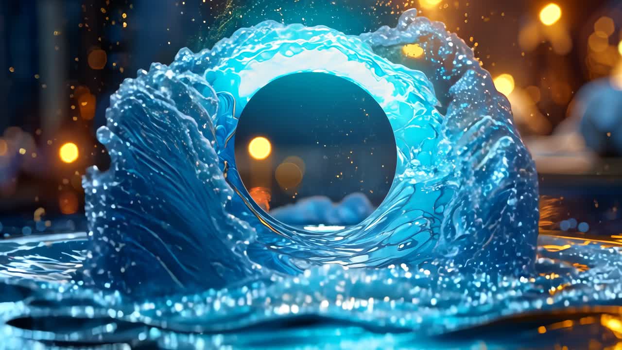 A blue wave with a circle in the middle. The circle is surrounded by water and the water is blue