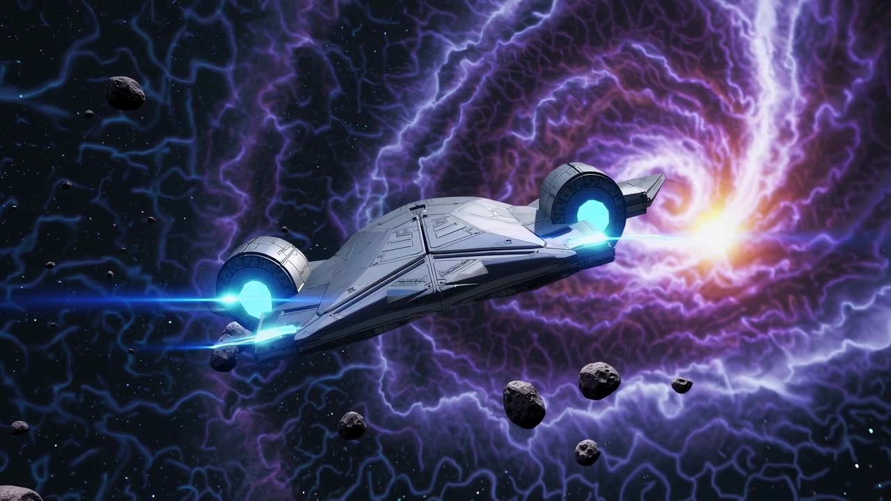 Futuristic Spaceship Flying Through Deep Space Nebula