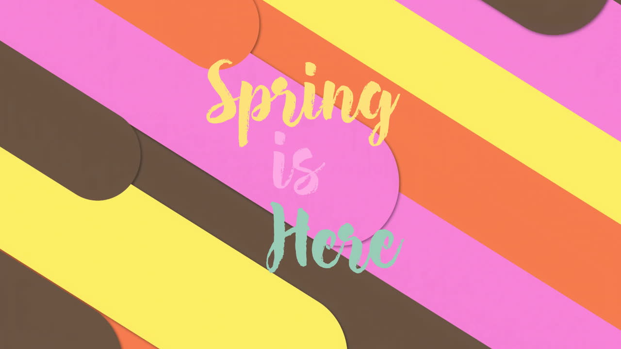 Spring is Here text animation over colorful diagonal stripes background