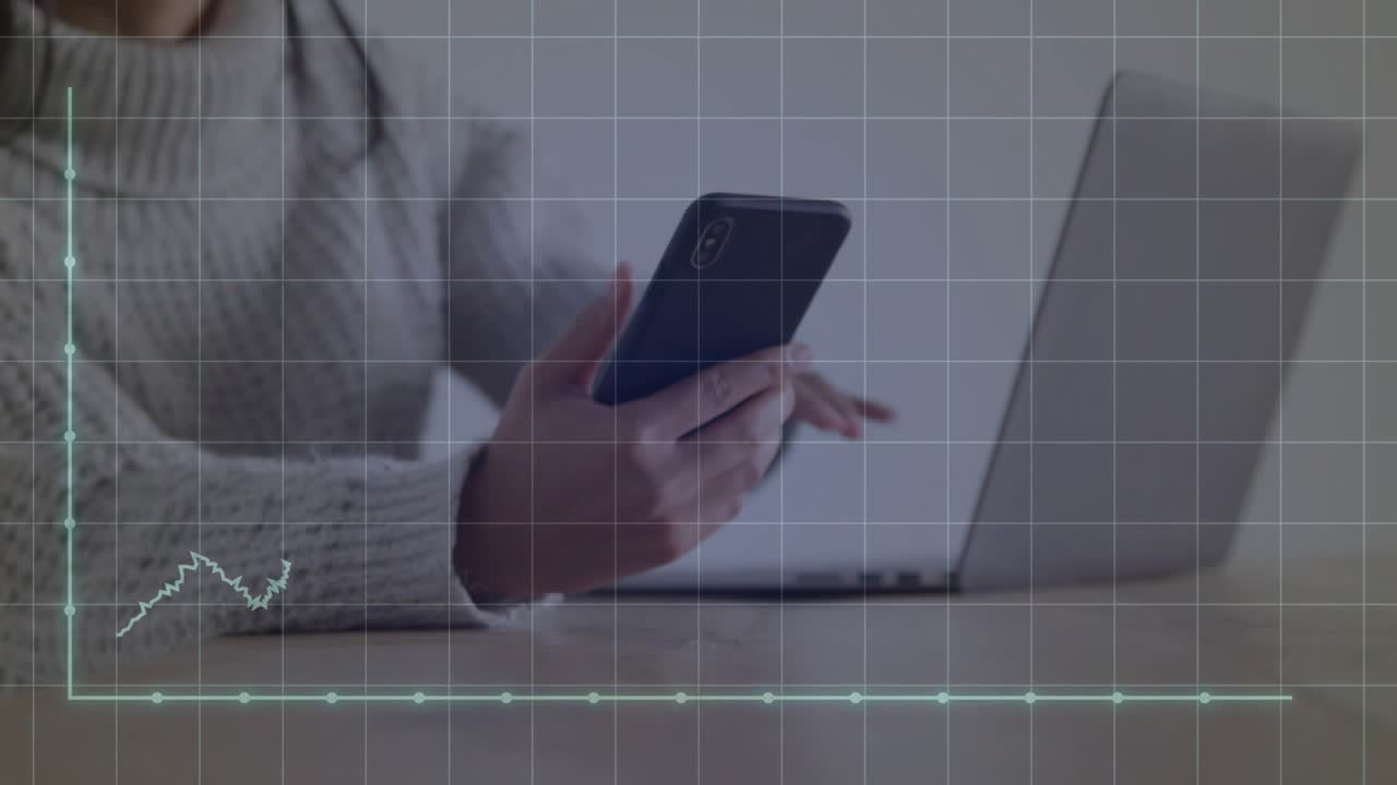 Woman tapping smartphone and typing laptop, animating finance line-chart rising then falling
