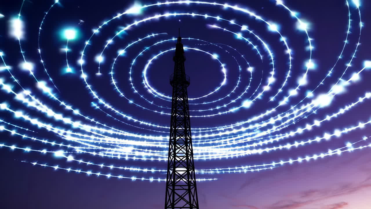 Telecommunications Tower Emitting Glowing Signal Rings