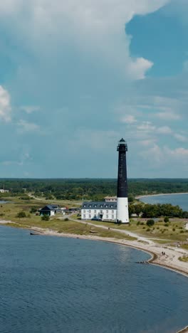 vertical drone shot of a lighthouse on peninsula surrounded by waters of the sea