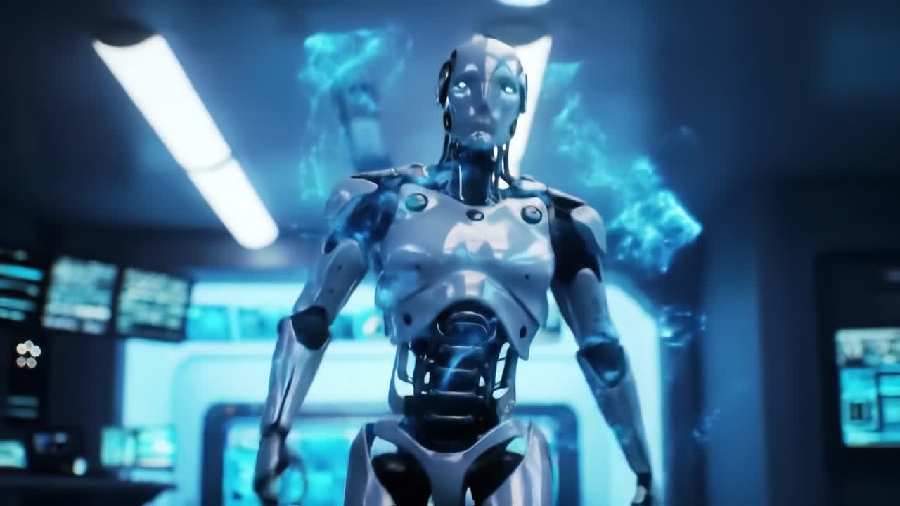 A robot moves through a high-tech laboratory filled with glowing screens and modern equipment. The sleek design highlights innovation in robotics and artificial intelligence.