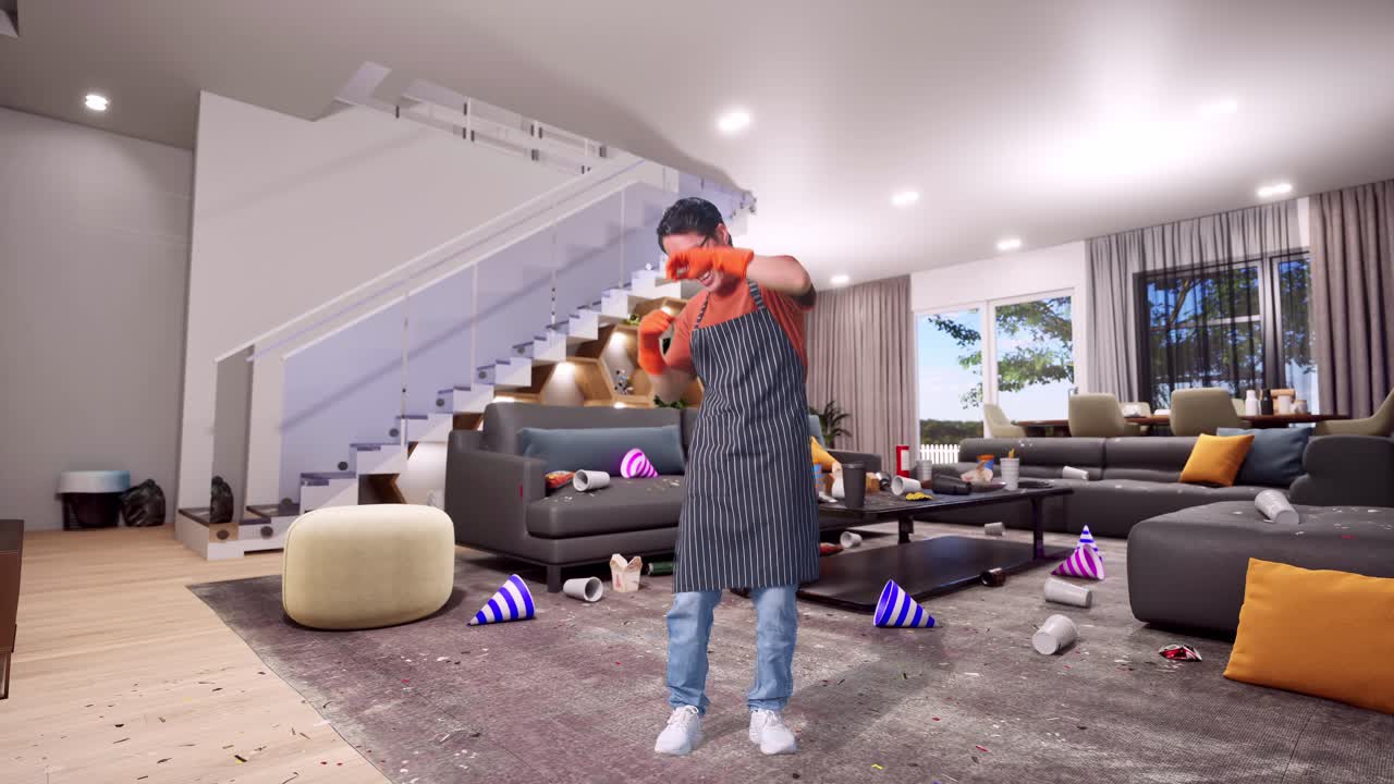 Full Body Of Cheerful Asian Male Housekeeper With An Apron Dancing While Standing In House