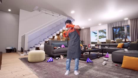 cuerpo lleno de alegre ama de casa masculina asiática con un delantal bailando mientras está de pie en la casa