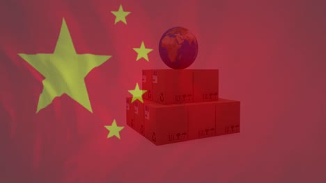 animation of chinese flag waving over globe on cardboard boxes