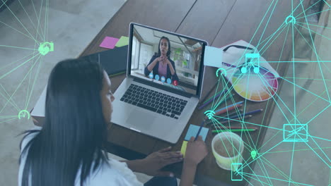 Video conferencing on laptop, woman with digital network icons overlay