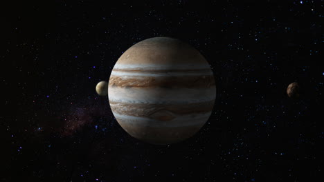 animación 4k 3d del planeta júpiter con sus lunas en órbita europa y calisto en el espacio