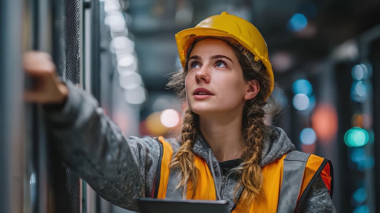 A dedicated young worker, equipped with a safety helmet and vest, exhibits determination while inspecting machinery in an industrial setting, embodying the spirit of modern workforce